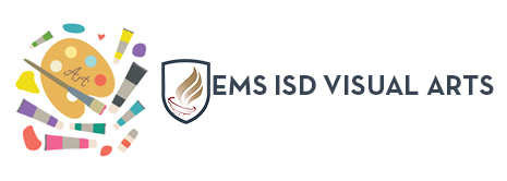 EMS ISD VISUAL ARTS on field of white with multiple colored paints
